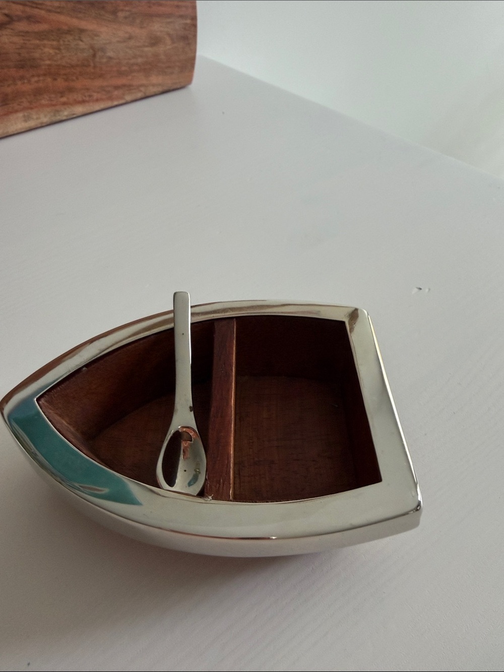 Pottery Barn Wood and Metal Boat Table Top Salt & Pepper Cellar with Spoon